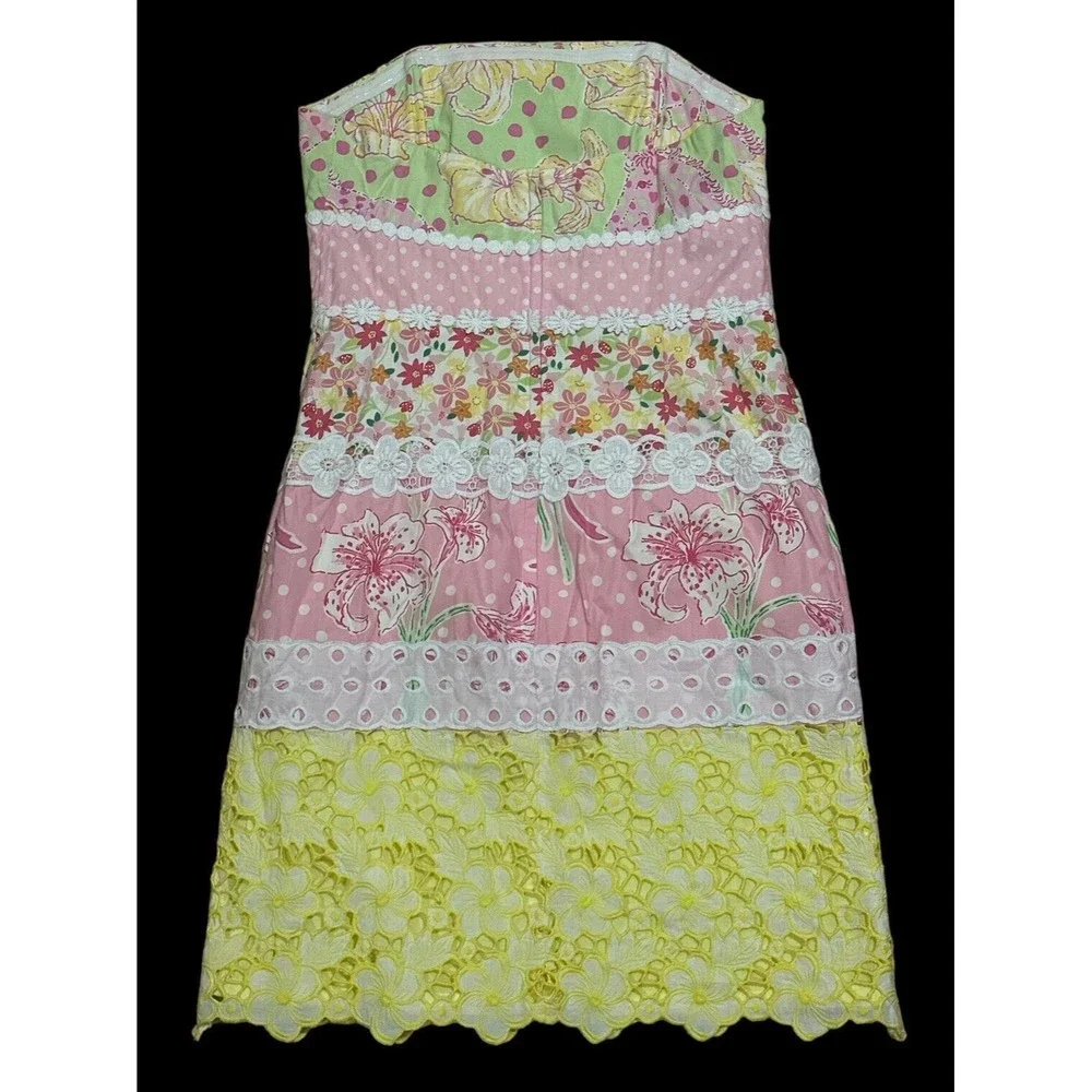 Lilly Pulitzer Delightful Dress Strapless Floral Lace Pink Yellow Polka Dot Sz 4 - Picture 2 of 4